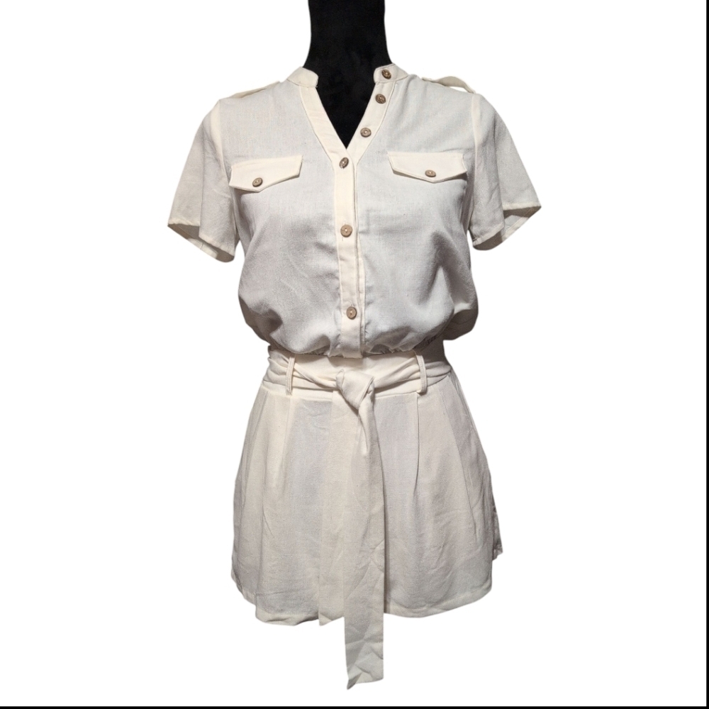 Dress Day Cream Button-Up Linen Blend Romper W/ Pockets